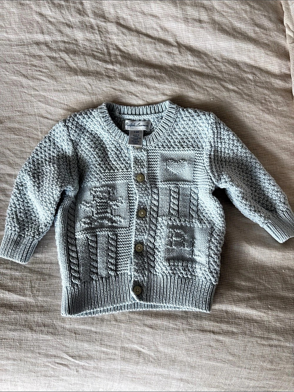 Ralph Lauren Contrast-Knit Cotton Cardigan Gray 3-6M baby blue